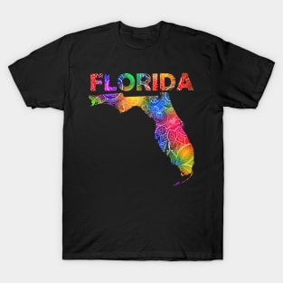 Colorful mandala art map of Florida with text in multicolor pattern T-Shirt